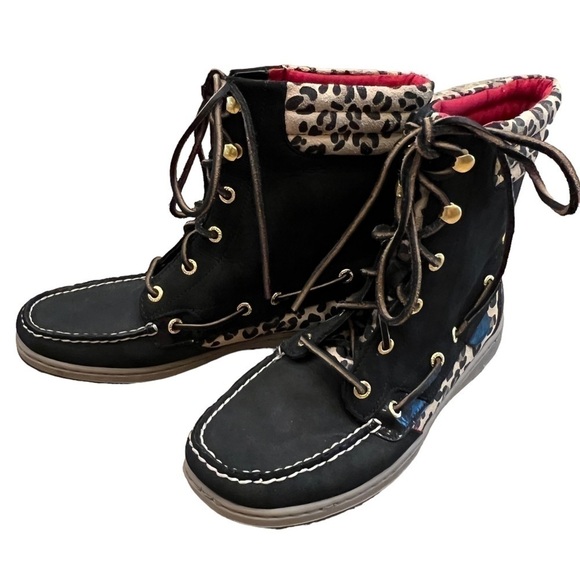 Sperry Top-Sider Duck Boots Womens 7.5 Black Leopard Lined Lace Up - Picture 16 of 16
